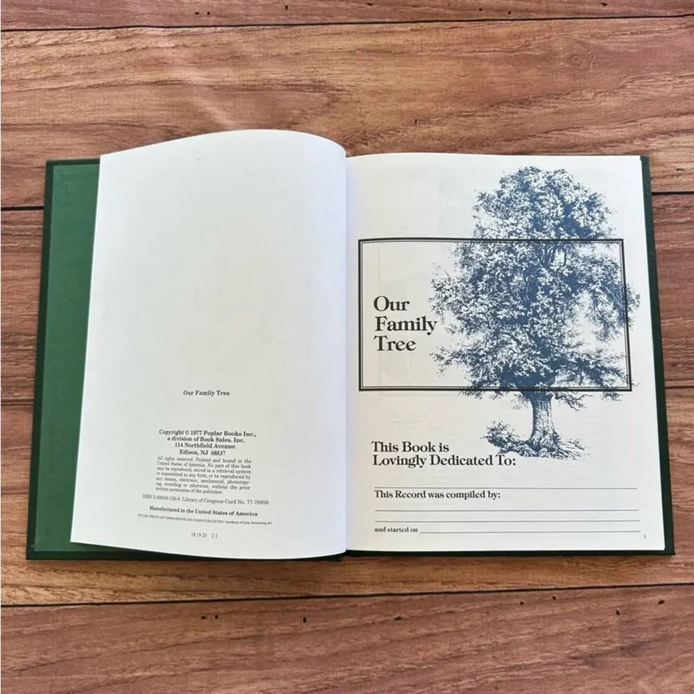 Vintage 70s blank leather bound and illustrated family tree and history journal